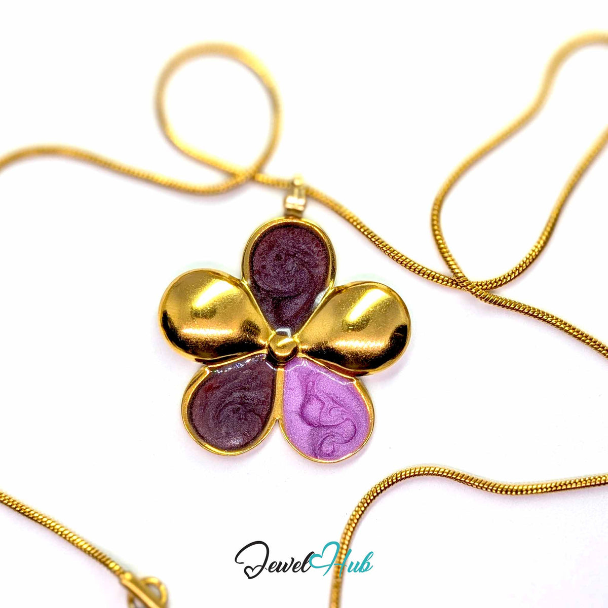 Plum and Lilac Enamel Flower pendant in gold-tone stainless steel - on a gold-tone stainless steel snake chain - JewelHub