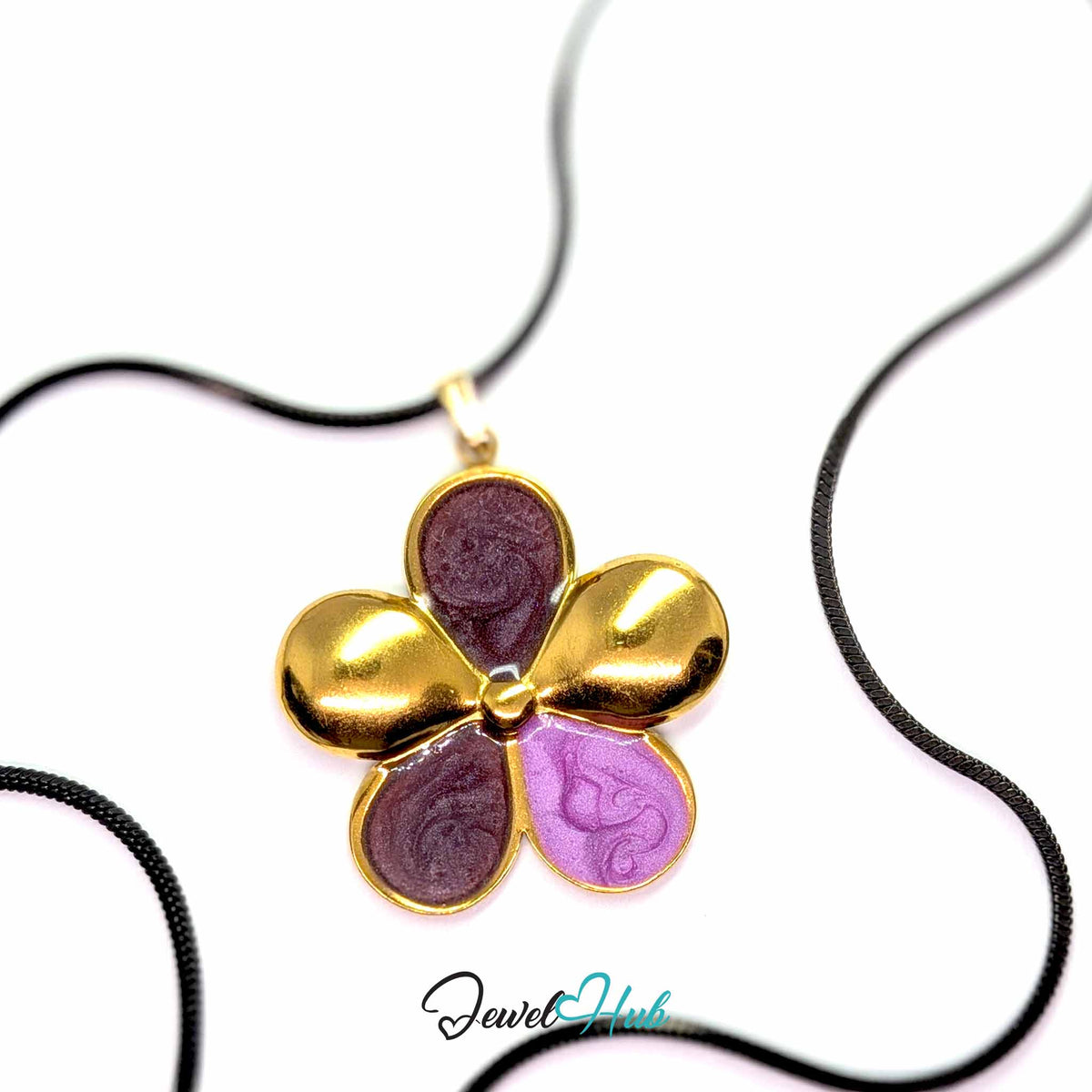 Plum and Lilac Enamel Flower pendant in gold-tone stainless steel - on a black stainless steel snake chain - JewelHub