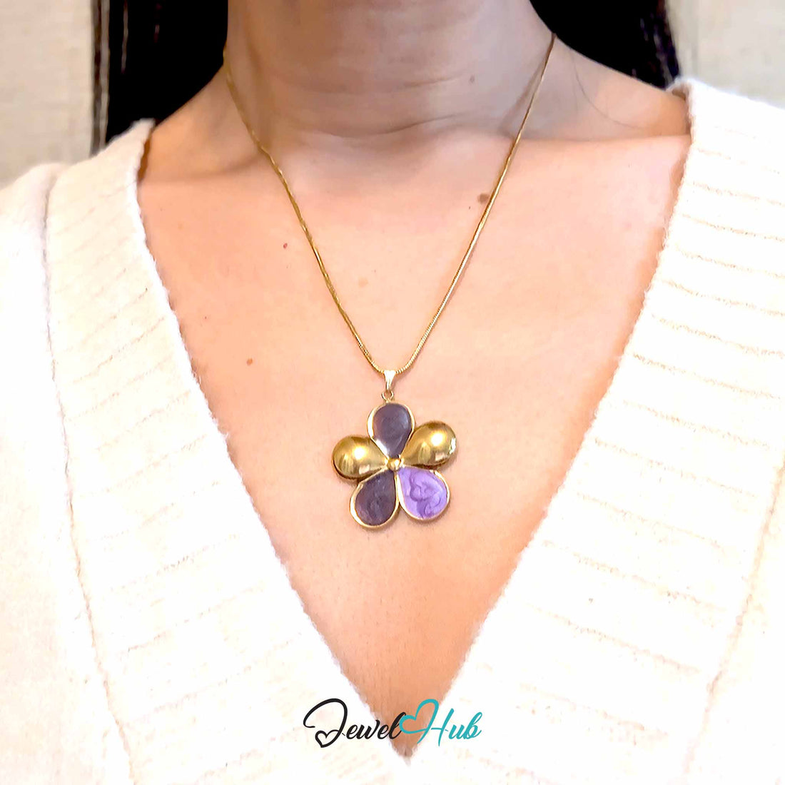 Plum and Lilac Enamel Flower pendant in gold-tone stainless steel - front view - JewelHub