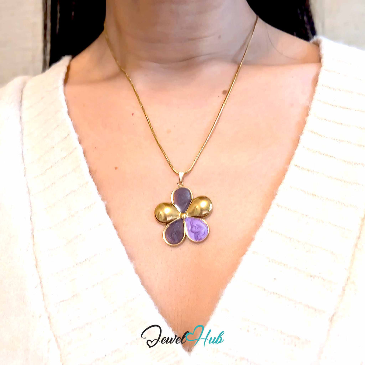 Plum and Lilac Enamel Flower pendant in gold-tone stainless steel - worn on the neck - JewelHub