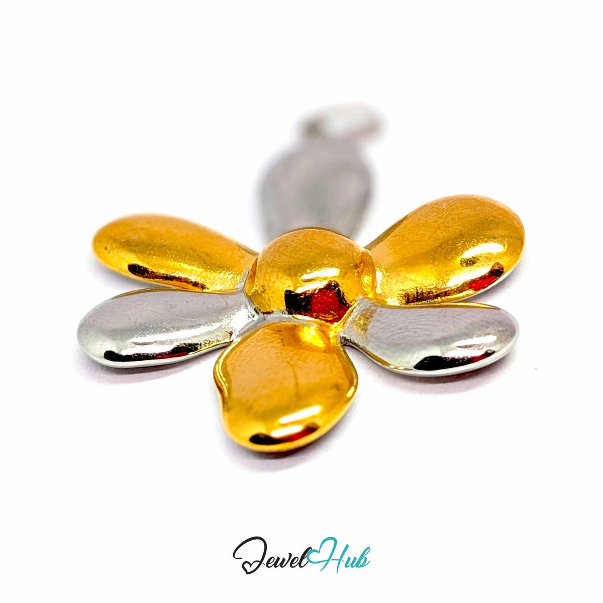 Six Petal Flower pendant in DuoTone stainless steel - close-up detail - JewelHub