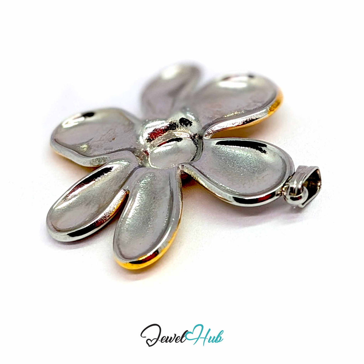 Six Petal Flower pendant in DuoTone stainless steel - angled close-up - JewelHub