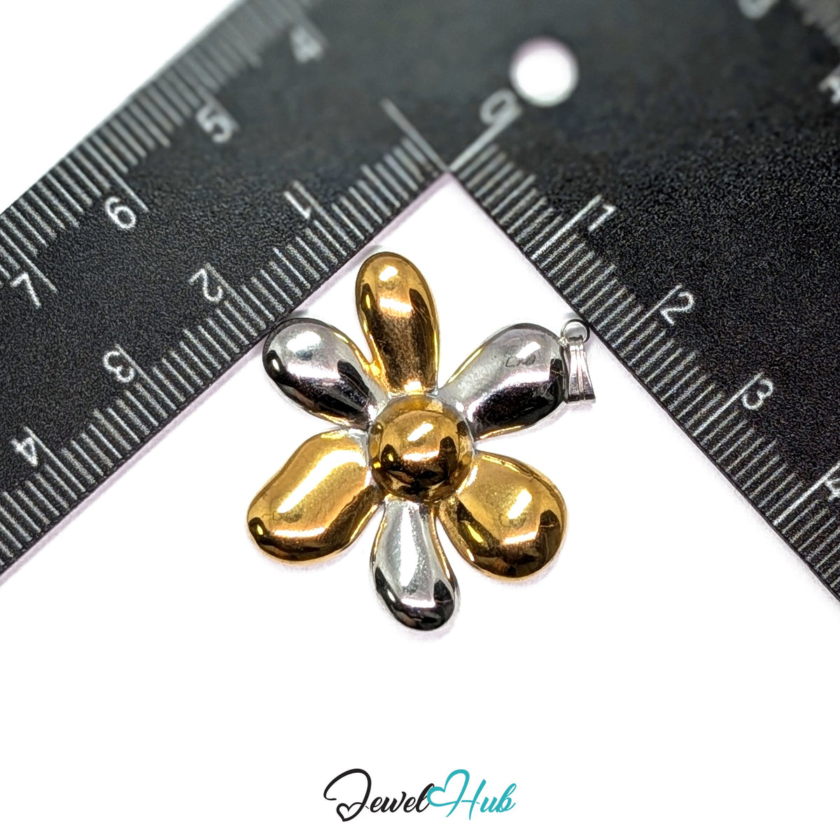 Six Petal Flower pendant in DuoTone stainless steel - measurement with ruler - JewelHub