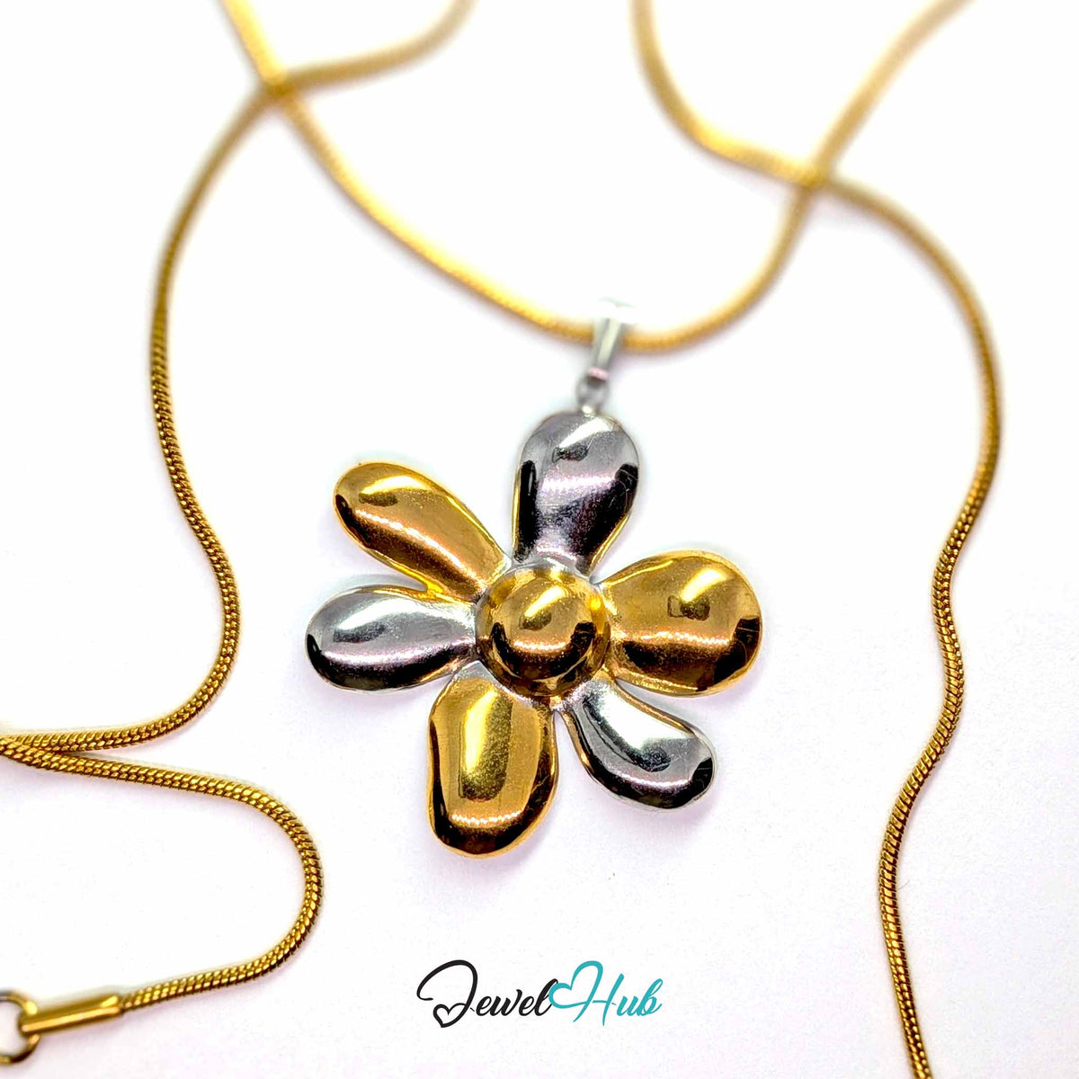 Six Petal Flower pendant in DuoTone stainless steel - on a gold-tone stainless steel chain - JewelHub
