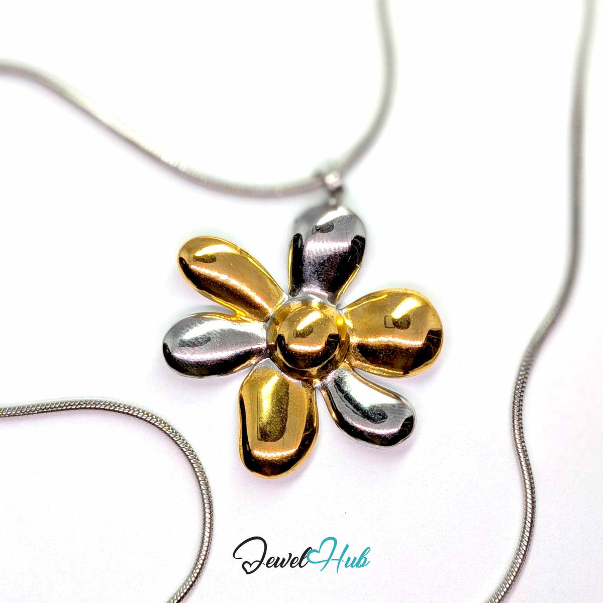 Six Petal Flower pendant in DuoTone stainless steel - on a silver-tone stainless steel chain - JewelHub