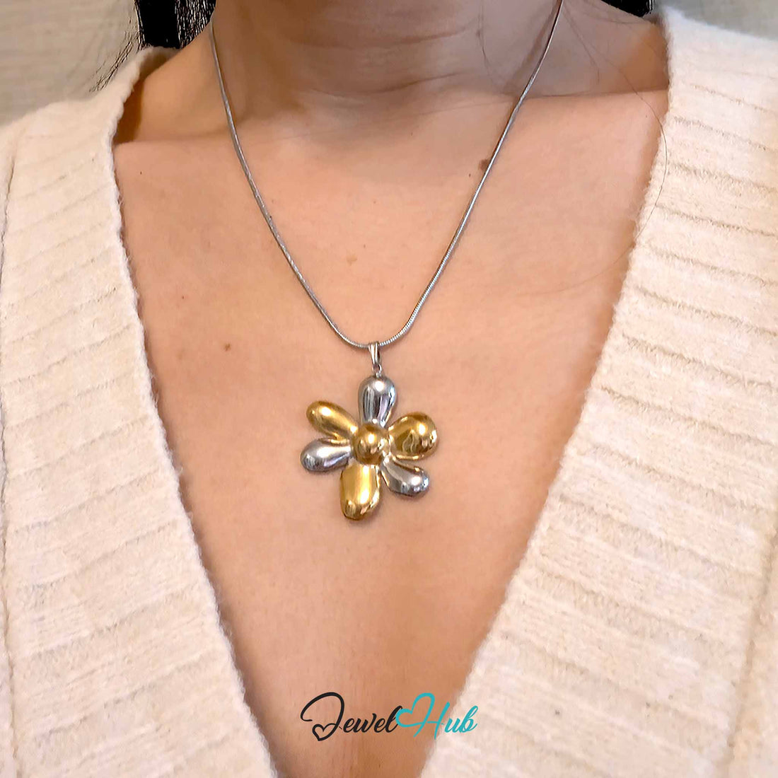 Six Petal Flower pendant in DuoTone stainless steel - front view - JewelHub