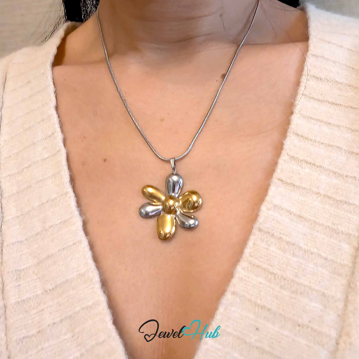 Six Petal Flower pendant in DuoTone stainless steel - worn on the neck - JewelHub
