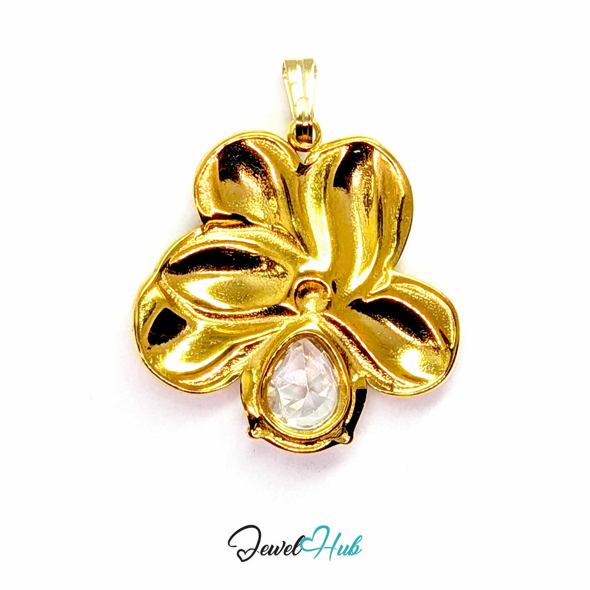Gold Crystal Flower pendant in gold-tone stainless steel - back view - JewelHub