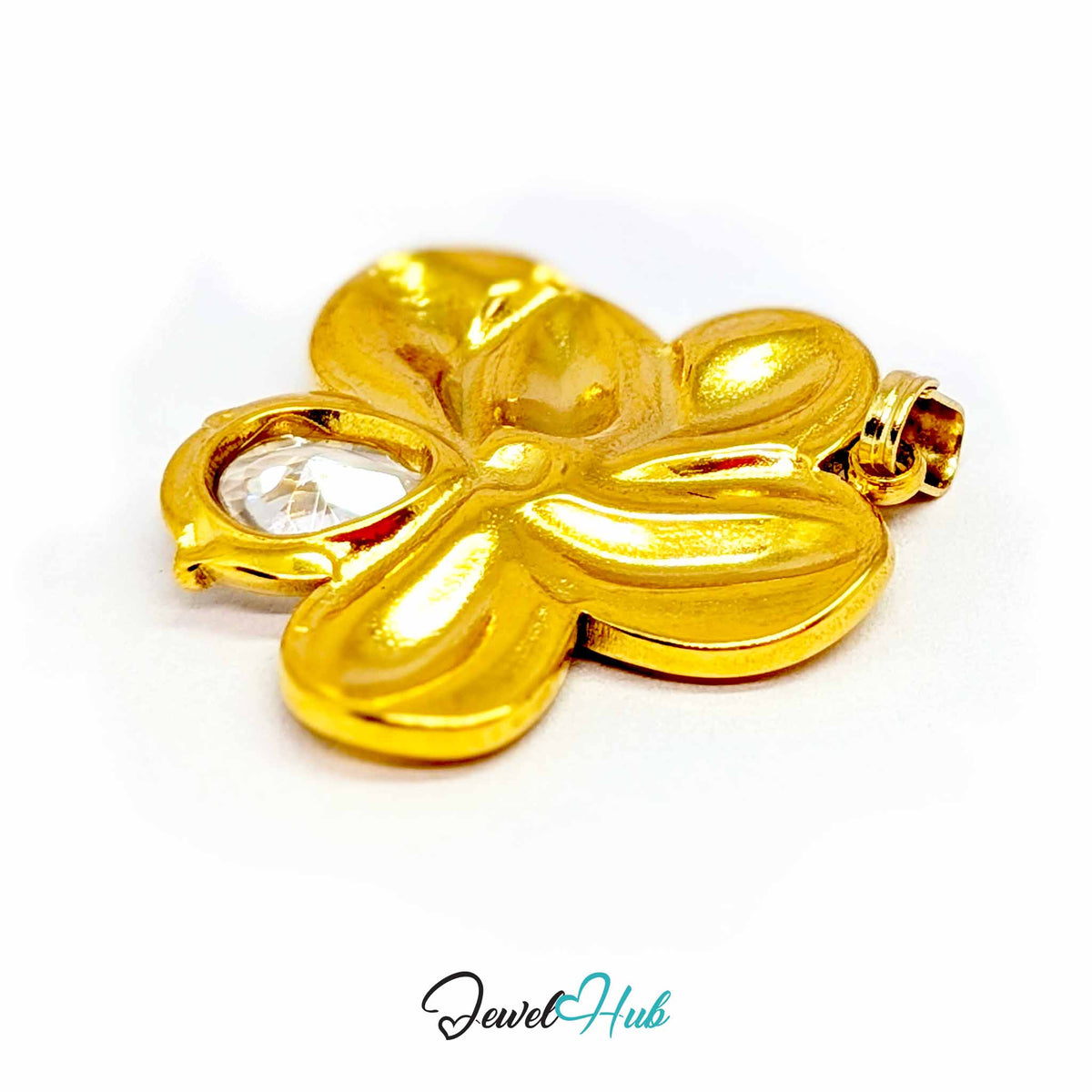 Gold Crystal Flower pendant in gold-tone stainless steel - angled close-up - JewelHub