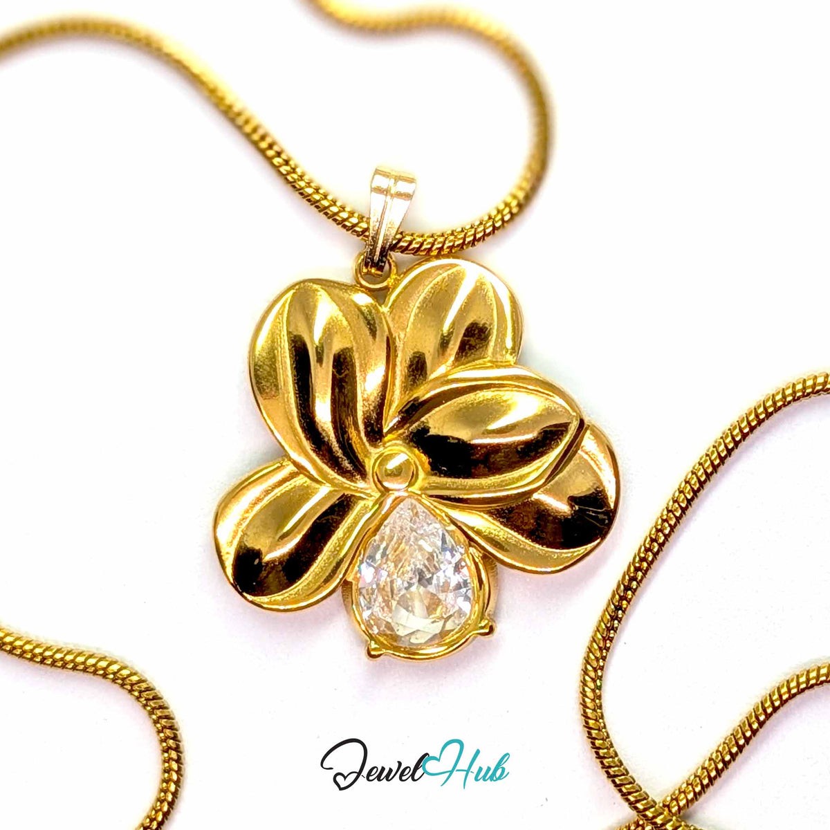 Gold Crystal Flower pendant in gold-tone stainless steel - on a gold-tone stainless steel chain - JewelHub