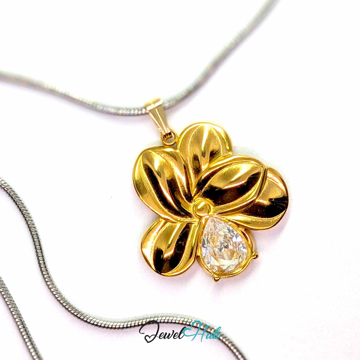 Gold Crystal Flower pendant in gold-tone stainless steel - on a silver-tone stainless steel chain - JewelHub
