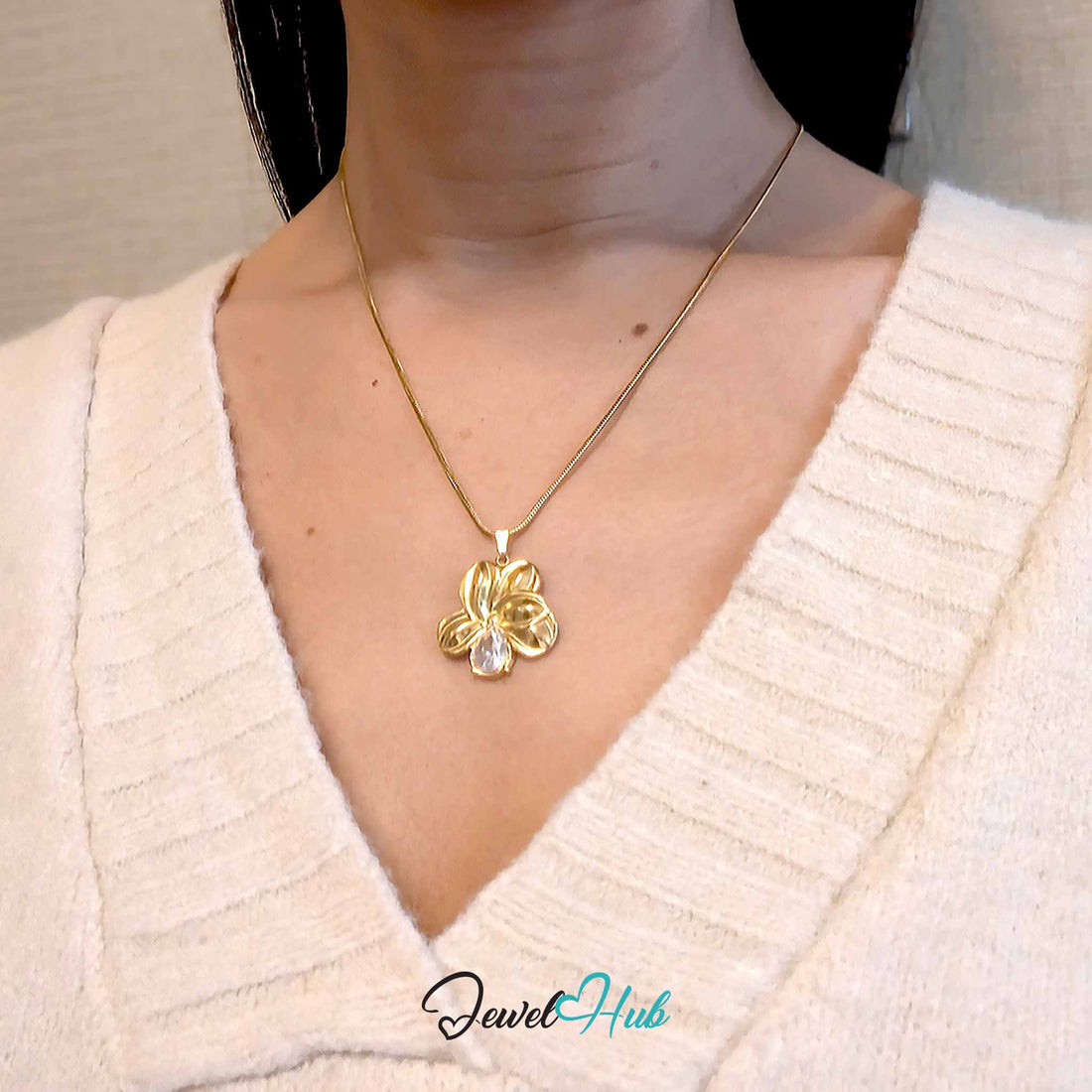 Gold Crystal Flower pendant in gold-tone stainless steel - front view - JewelHub