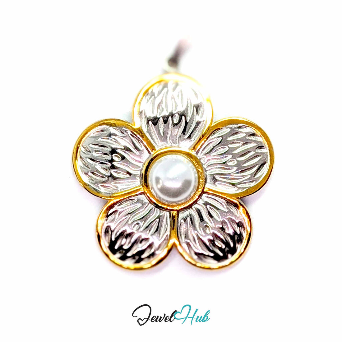 Pearl Flower pendant in DuoTone stainless steel - front view - JewelHub