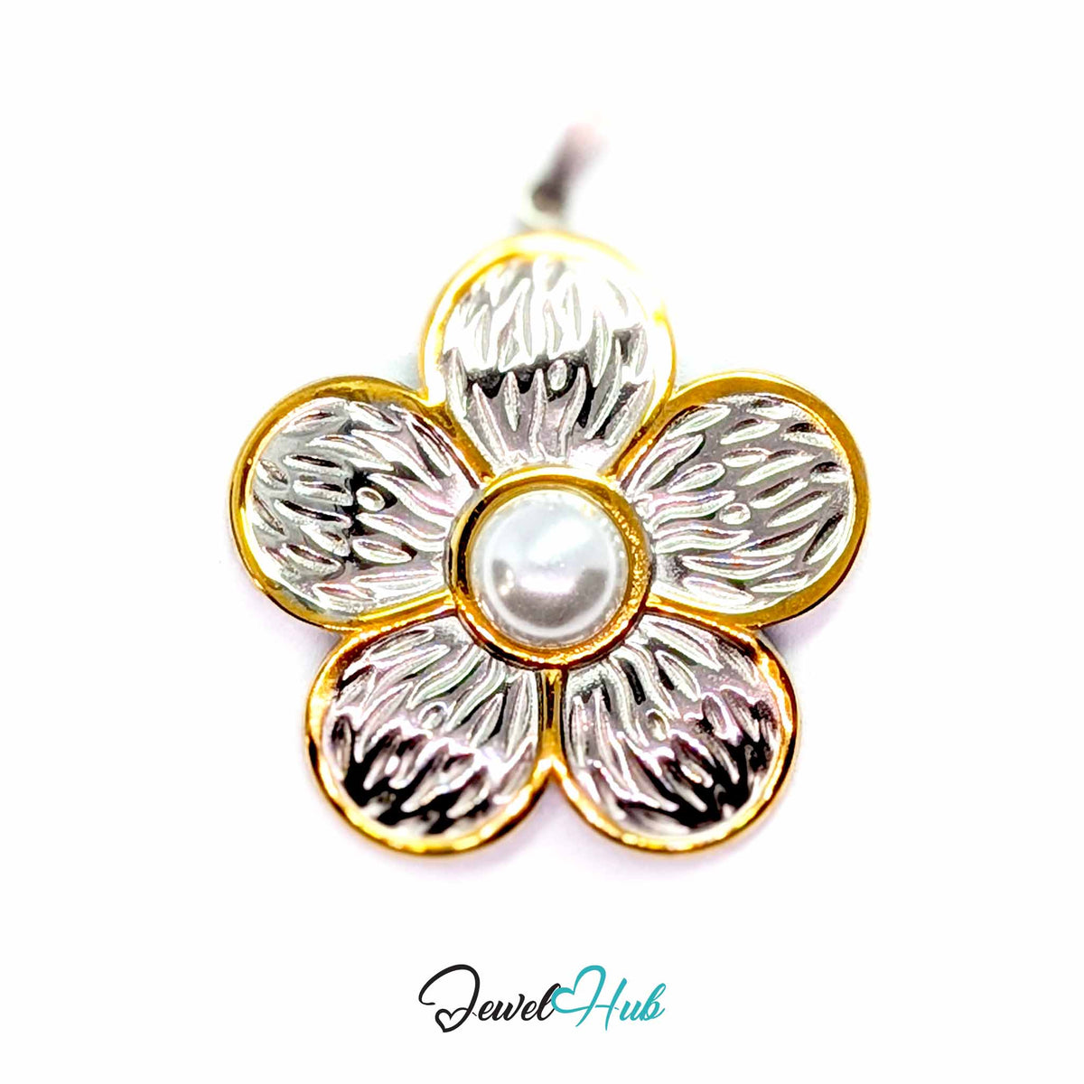 Pearl Flower pendant in DuoTone stainless steel - front view - JewelHub