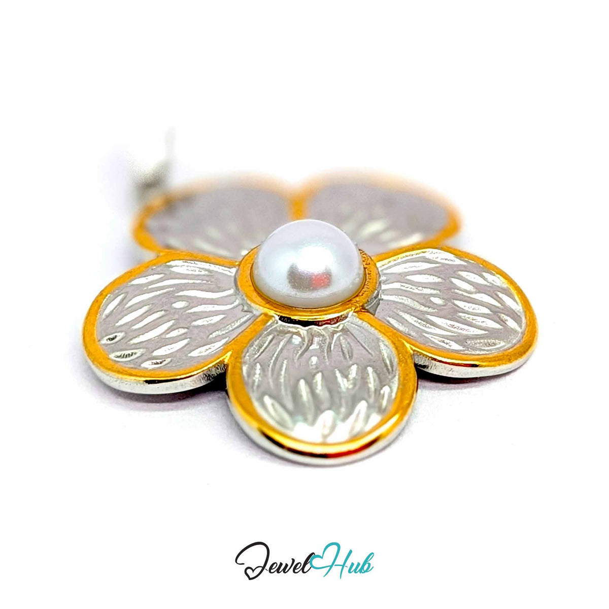 Pearl Flower pendant in DuoTone stainless steel - close-up detail - JewelHub