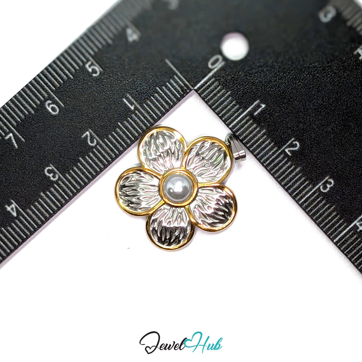 Pearl Flower pendant in DuoTone stainless steel - measurement with ruler - JewelHub