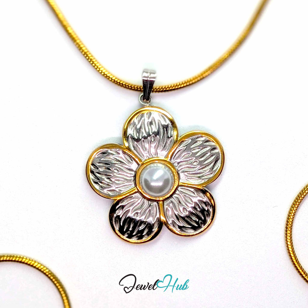 Pearl Flower pendant in DuoTone stainless steel - on a gold-tone stainless steel chain - JewelHub
