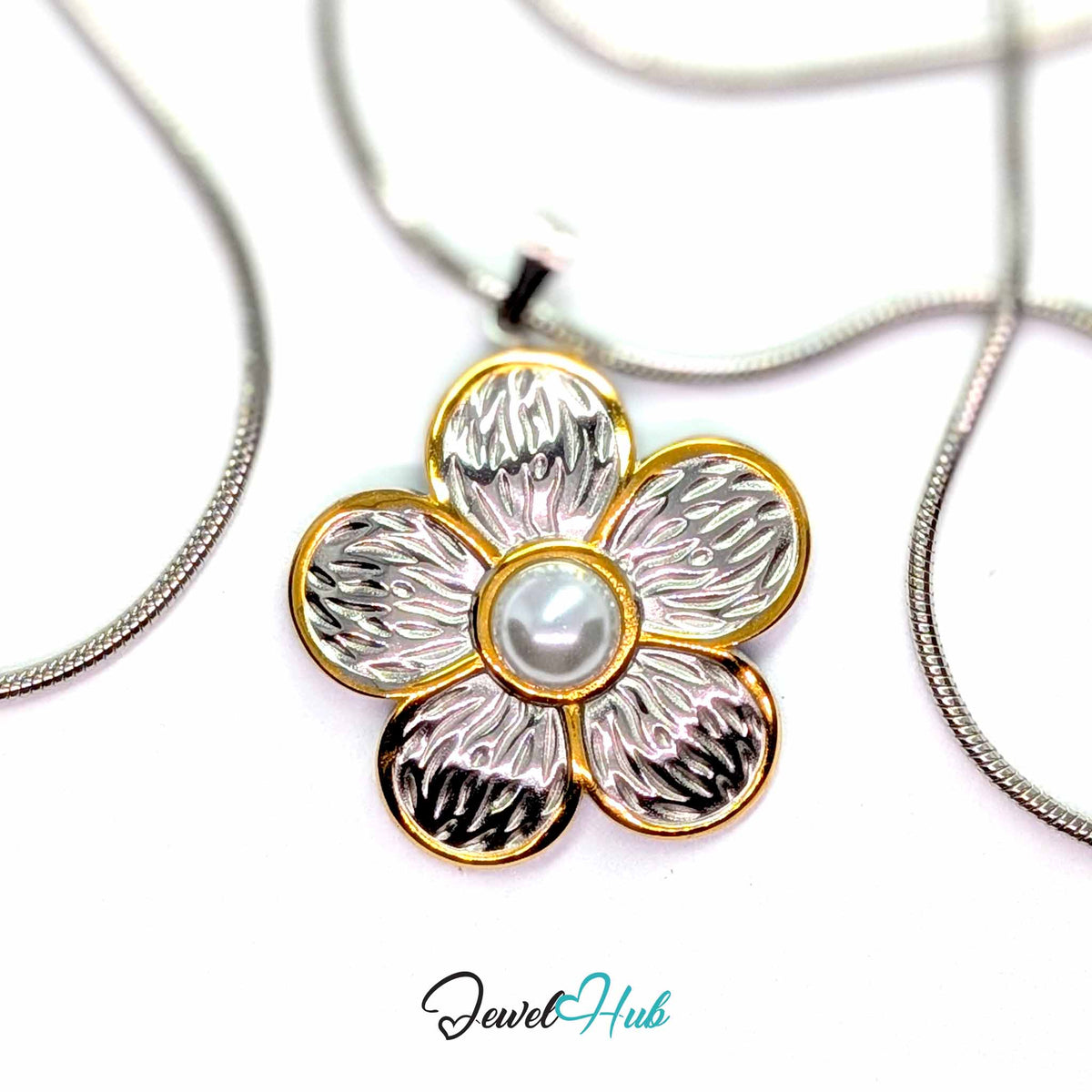 Pearl Flower pendant in DuoTone stainless steel - on a silver-tone stainless steel chain - JewelHub