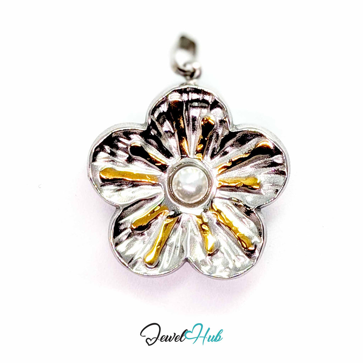 Sunray Pearl Flower pendant in DuoTone stainless steel - front view - JewelHub