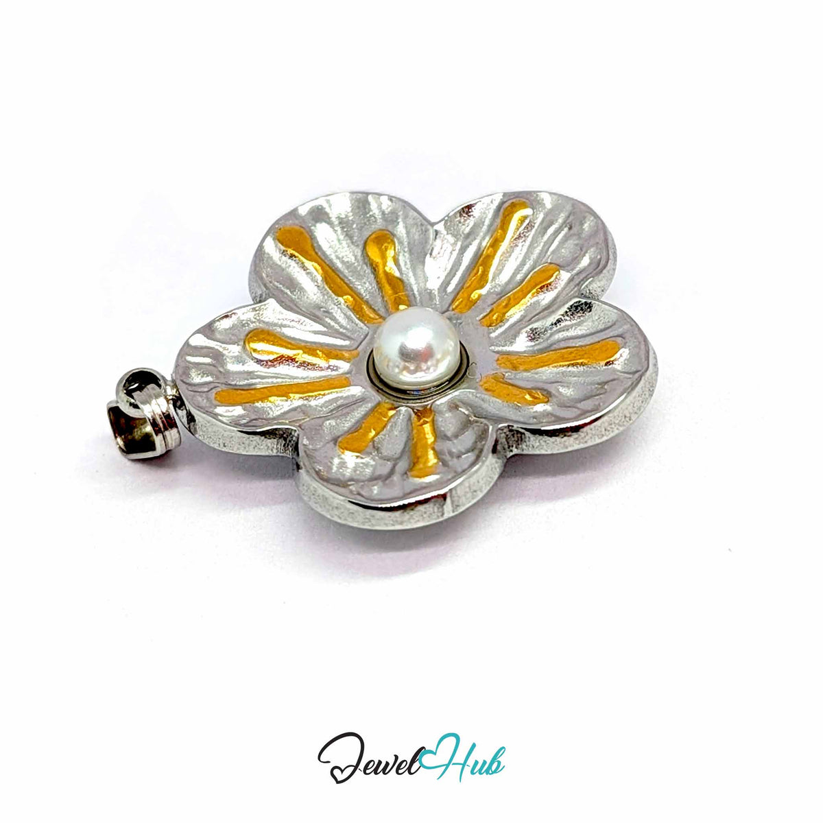 Sunray Pearl Flower pendant in DuoTone stainless steel - close-up detail - JewelHub