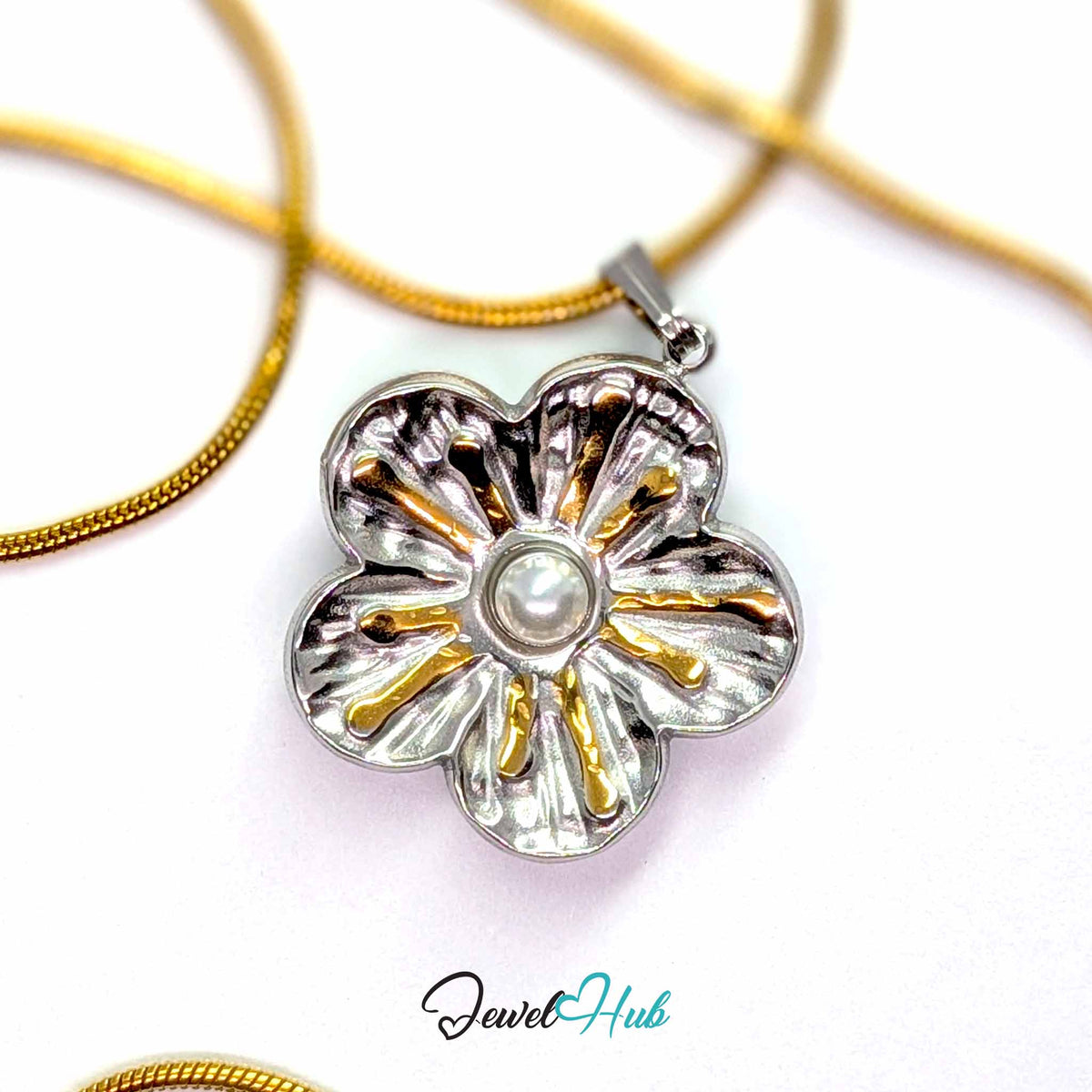 Sunray Pearl Flower pendant in DuoTone stainless steel - on a gold-tone stainless steel chain - JewelHub