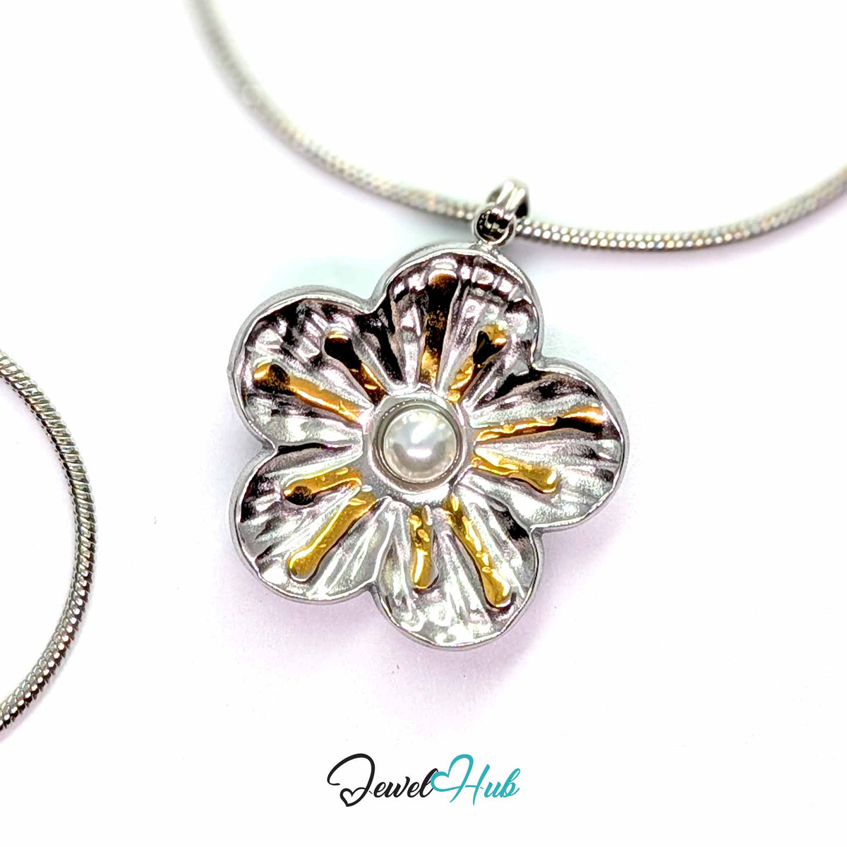 Sunray Pearl Flower pendant in DuoTone stainless steel - on a silver-tone stainless steel chain - JewelHub