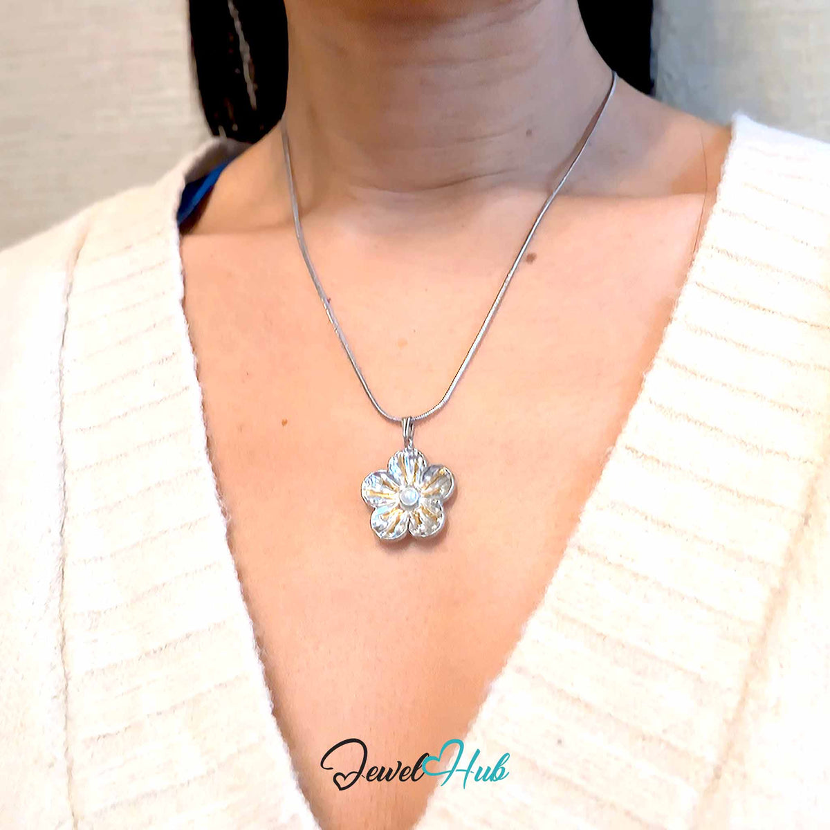 Sunray Pearl Flower pendant in DuoTone stainless steel - worn on the neck - JewelHub