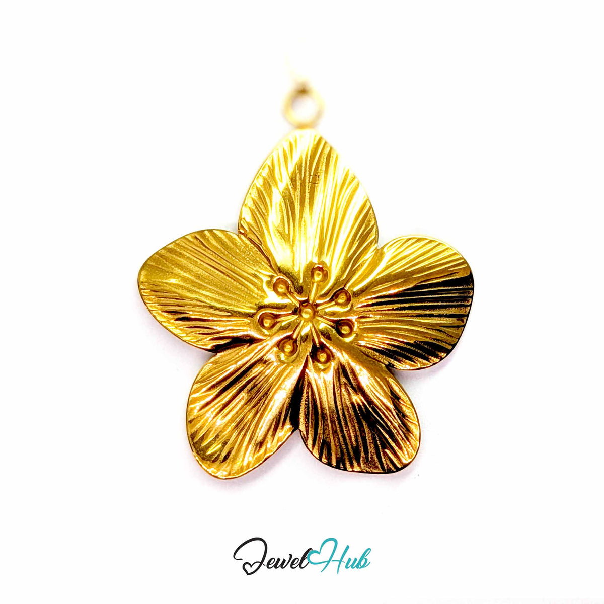 Gold Five Petal Flower pendant in gold-tone stainless steel - back view - JewelHub