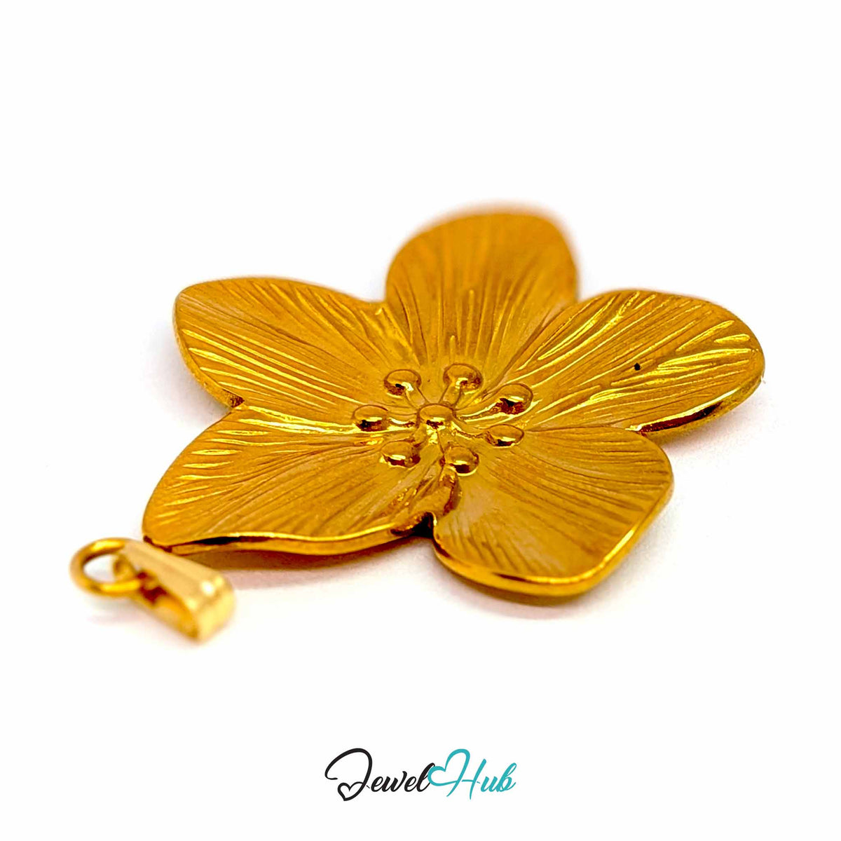 Gold Five Petal Flower pendant in gold-tone stainless steel - close-up detail - JewelHub