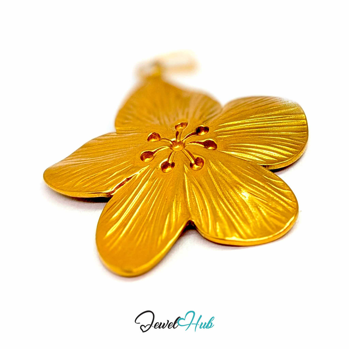 Gold Five Petal Flower pendant in gold-tone stainless steel - angled close-up - JewelHub