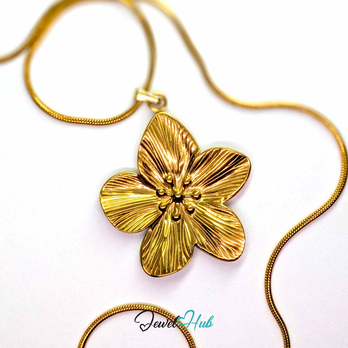Gold Five Petal Flower pendant in gold-tone stainless steel - on a gold-tone stainless steel chain - JewelHub