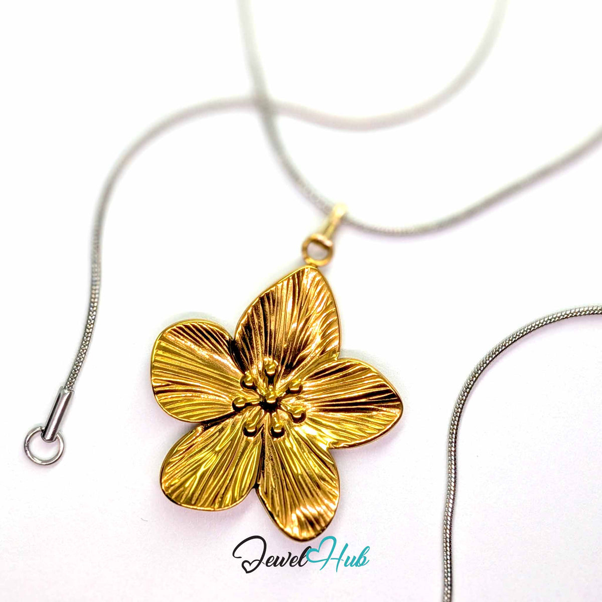 Gold Five Petal Flower pendant in gold-tone stainless steel - on a silver-tone stainless steel chain - JewelHub