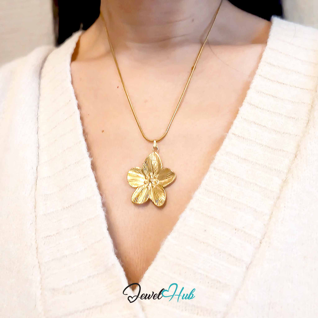 Gold Five Petal Flower pendant in gold-tone stainless steel - front view - JewelHub
