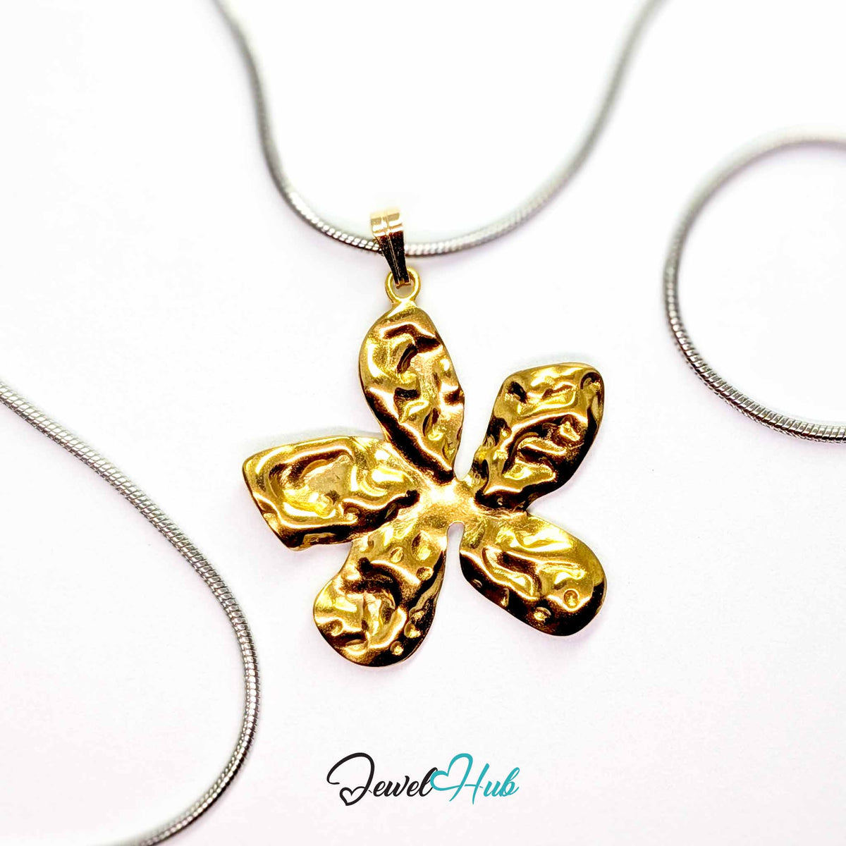 Gold Organic Petal Flower pendant in gold-tone stainless steel - on a silver-tone stainless steel chain - JewelHub