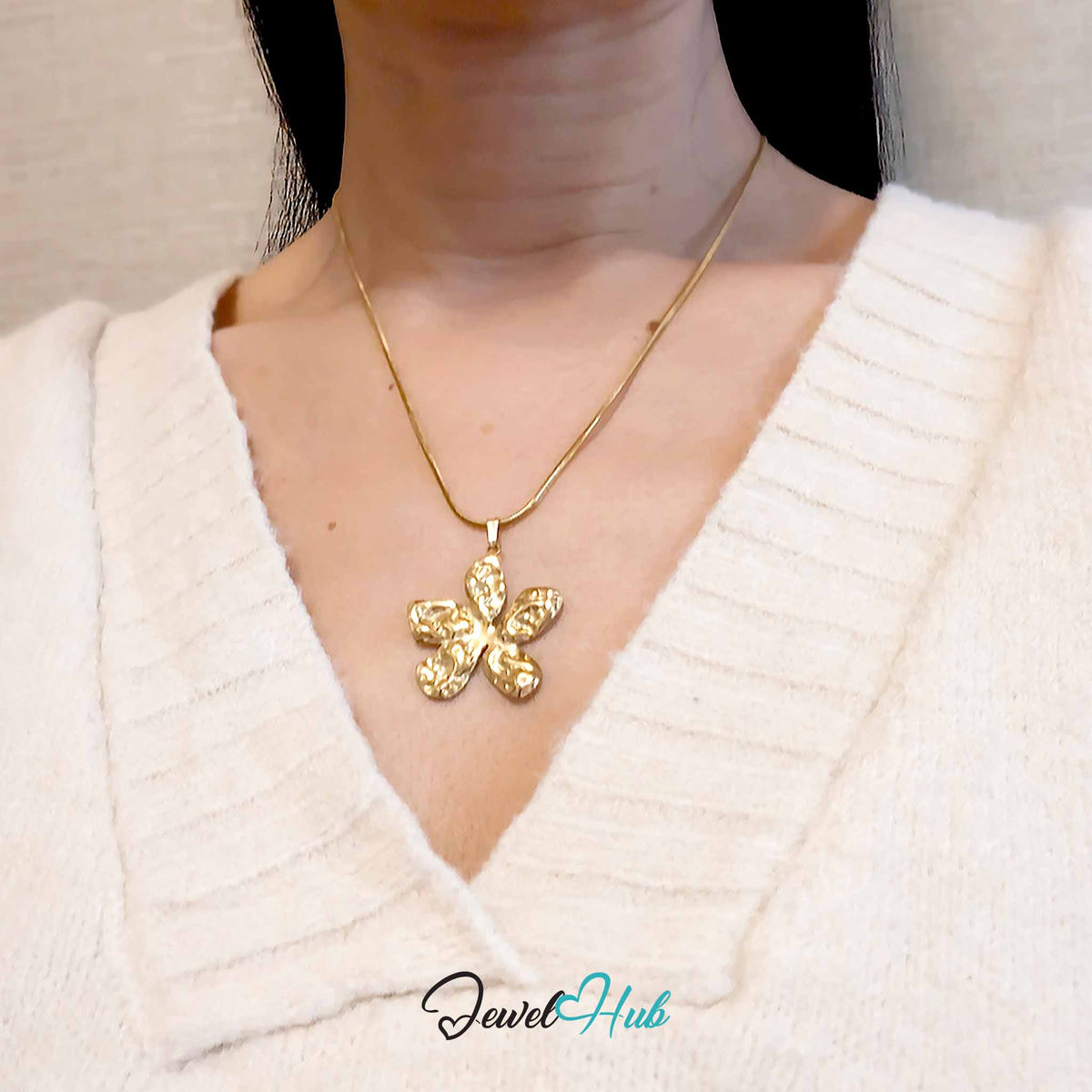 Gold Organic Petal Flower pendant in gold-tone stainless steel - worn on the neck - JewelHub