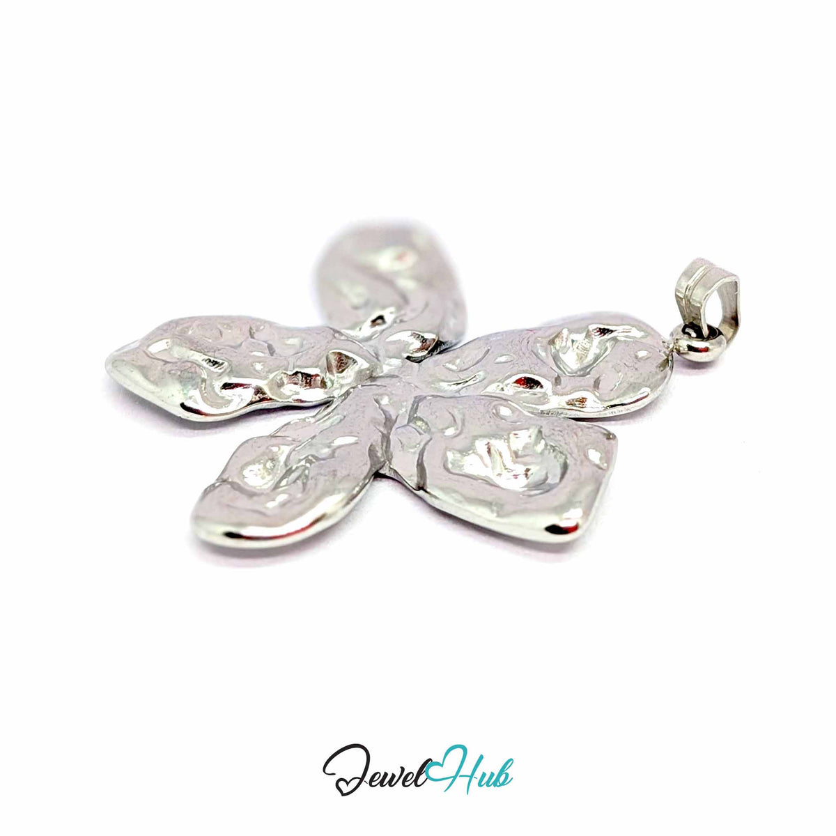 Silver Organic Petal Flower pendant in silver-tone stainless steel - close-up detail - JewelHub