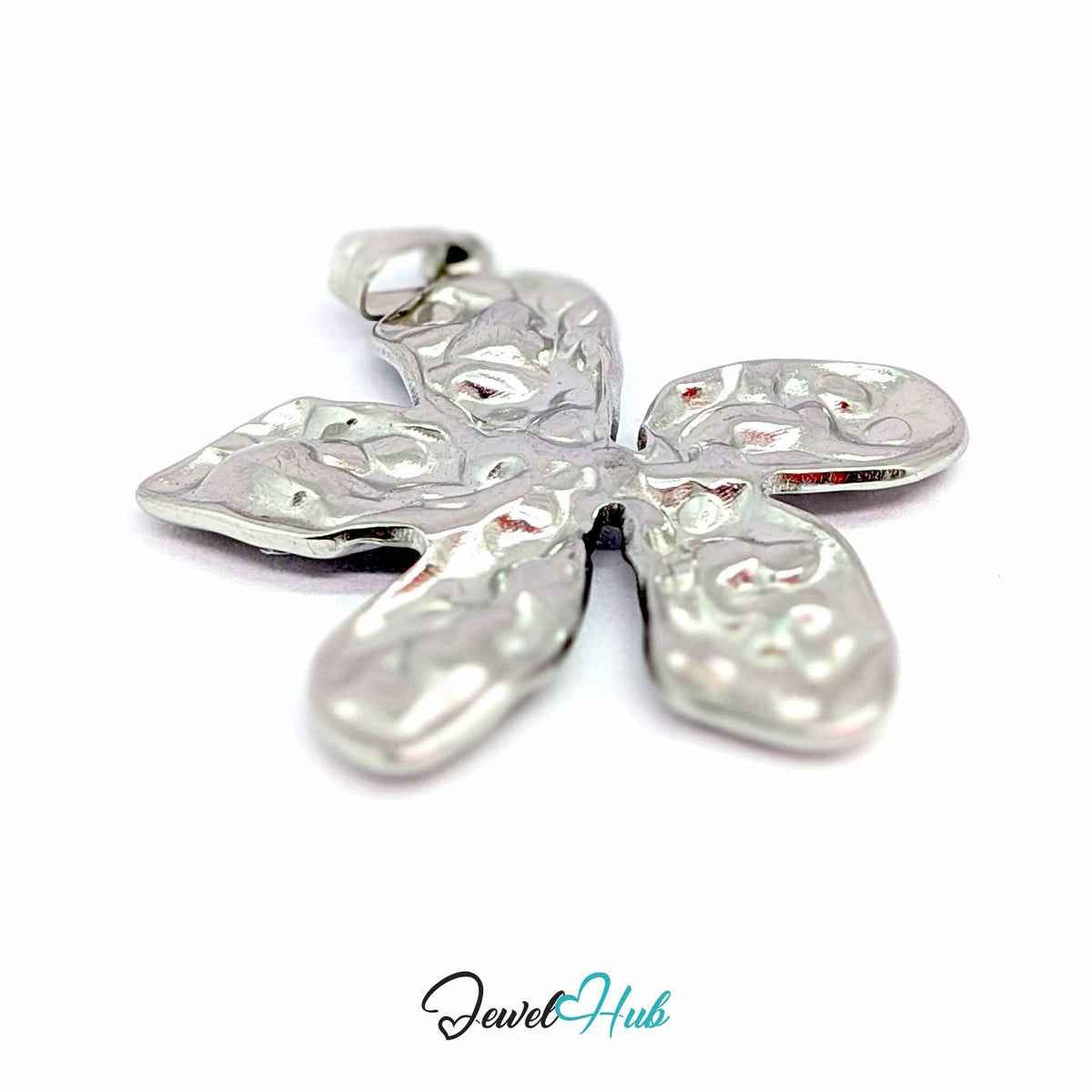 Silver Organic Petal Flower pendant in silver-tone stainless steel - angled close-up - JewelHub