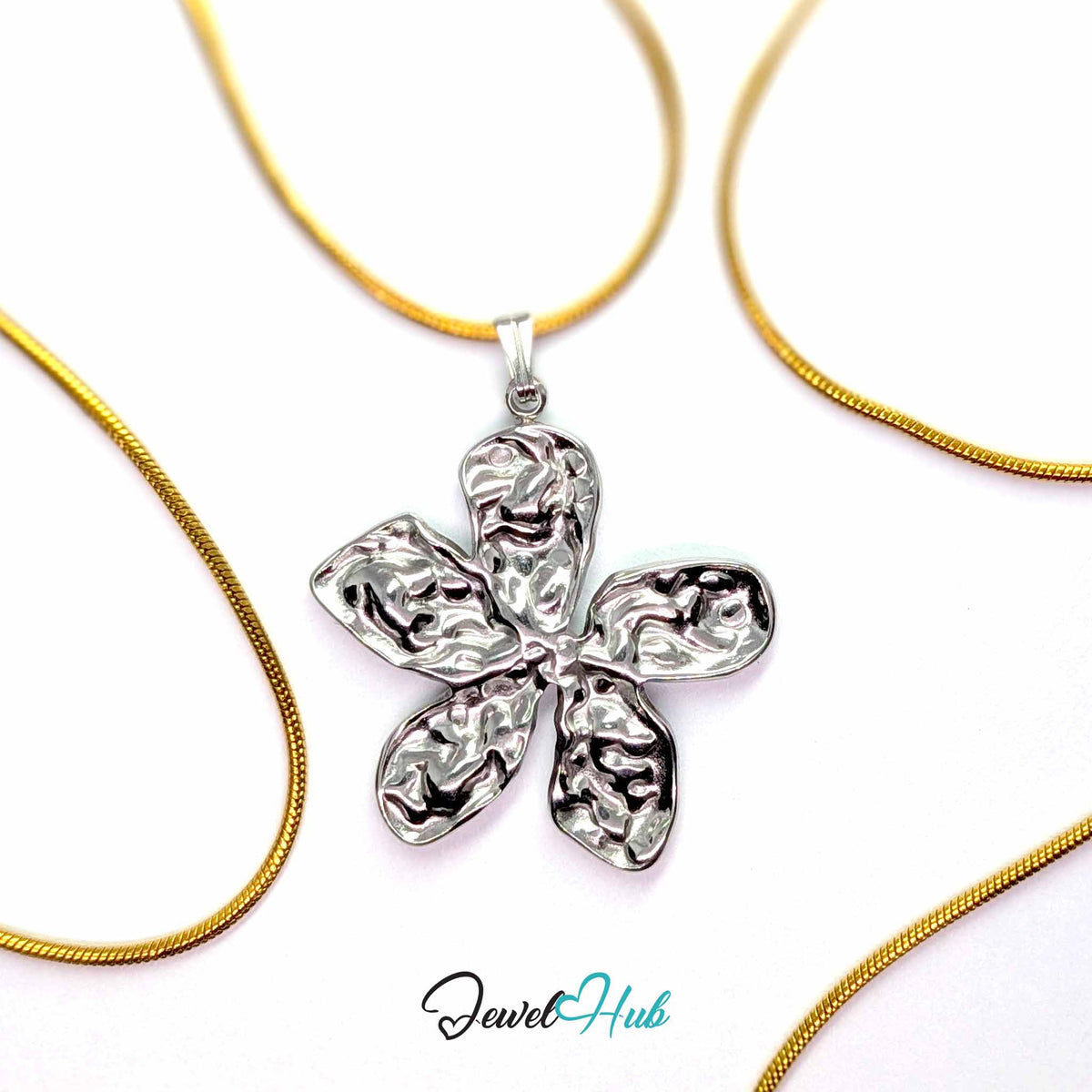 Silver Organic Petal Flower pendant in silver-tone stainless steel - on a gold-tone stainless steel chain - JewelHub