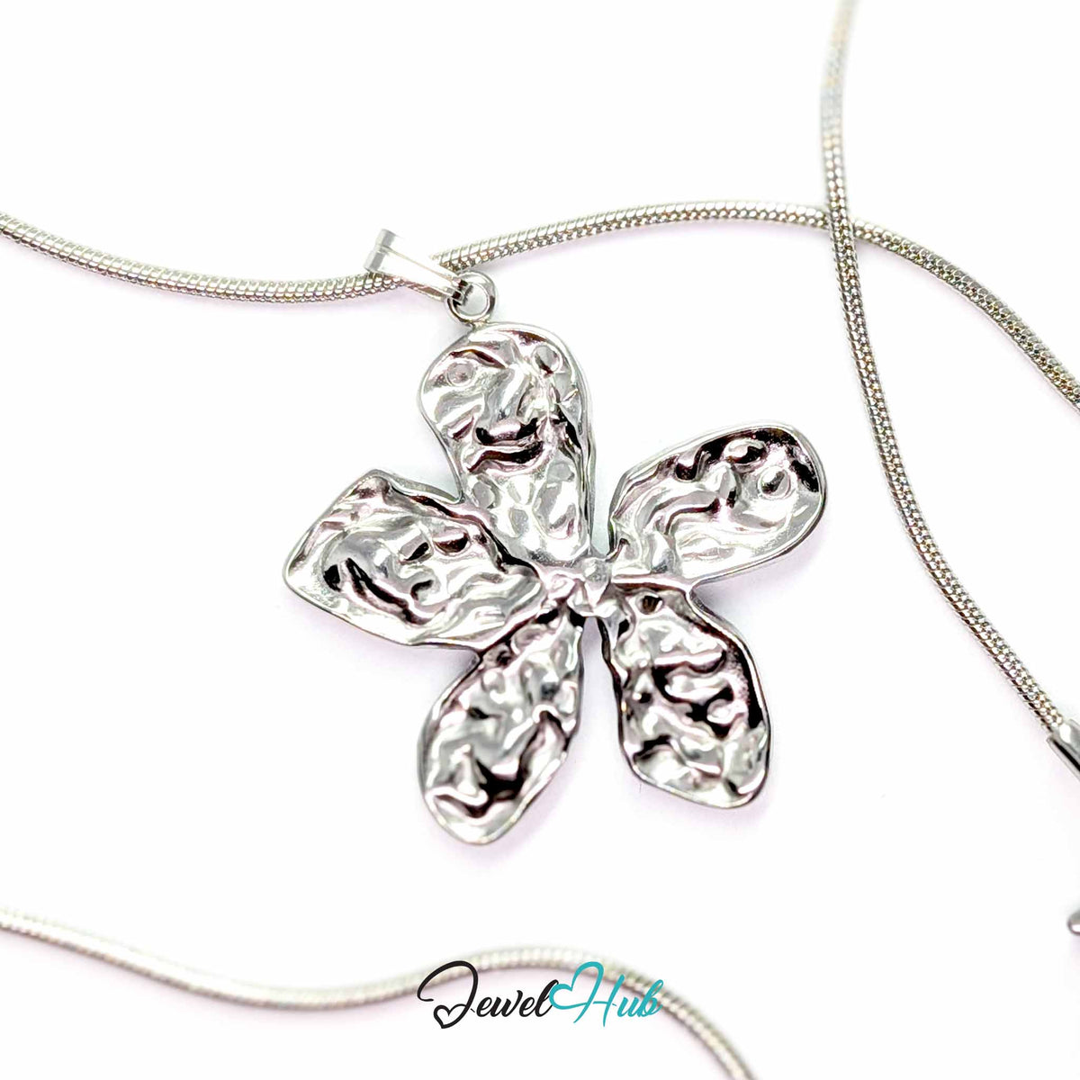 Silver Organic Petal Flower pendant in silver-tone stainless steel - on a silver-tone stainless steel chain - JewelHub