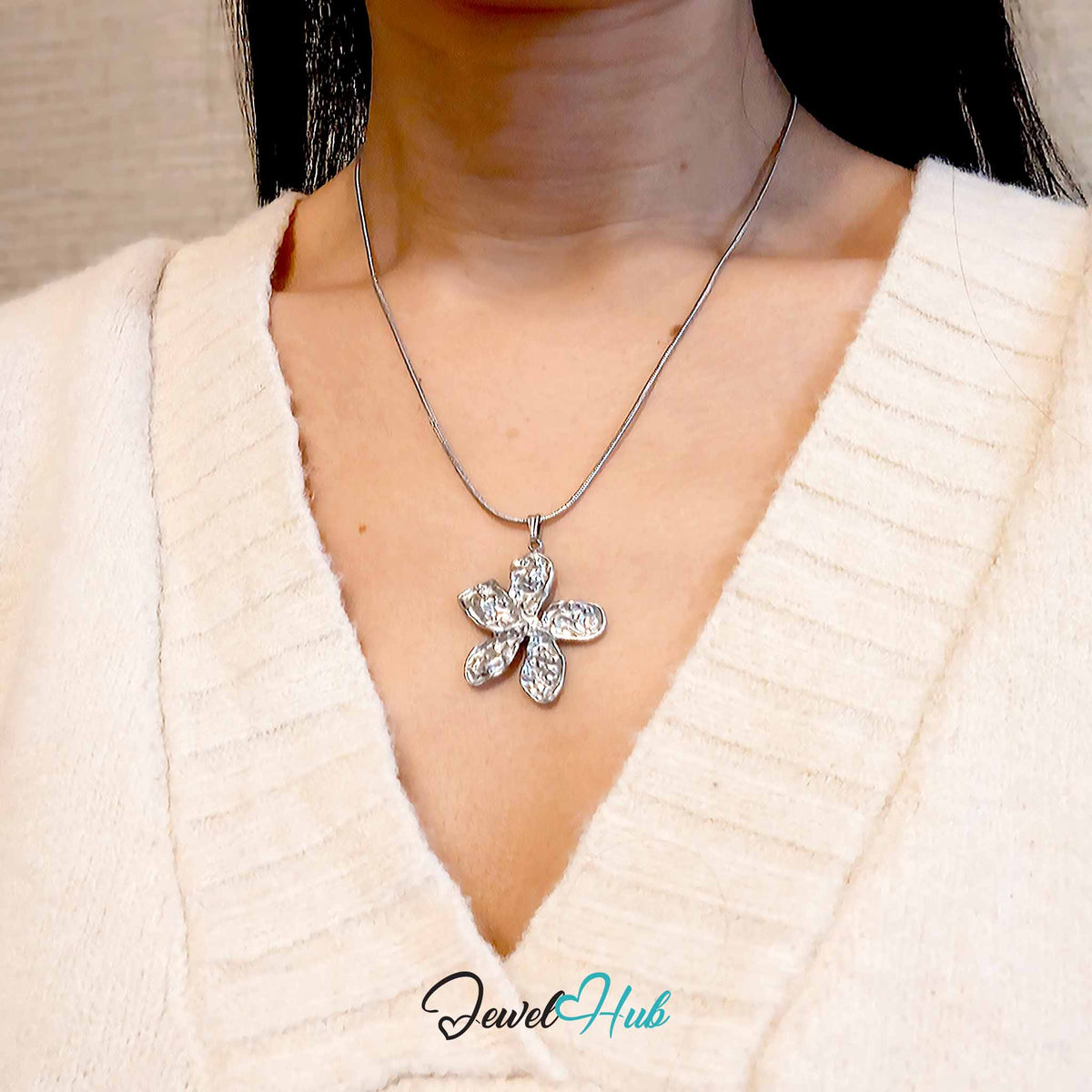 Silver Organic Petal Flower pendant in silver-tone stainless steel - worn on the neck - JewelHub