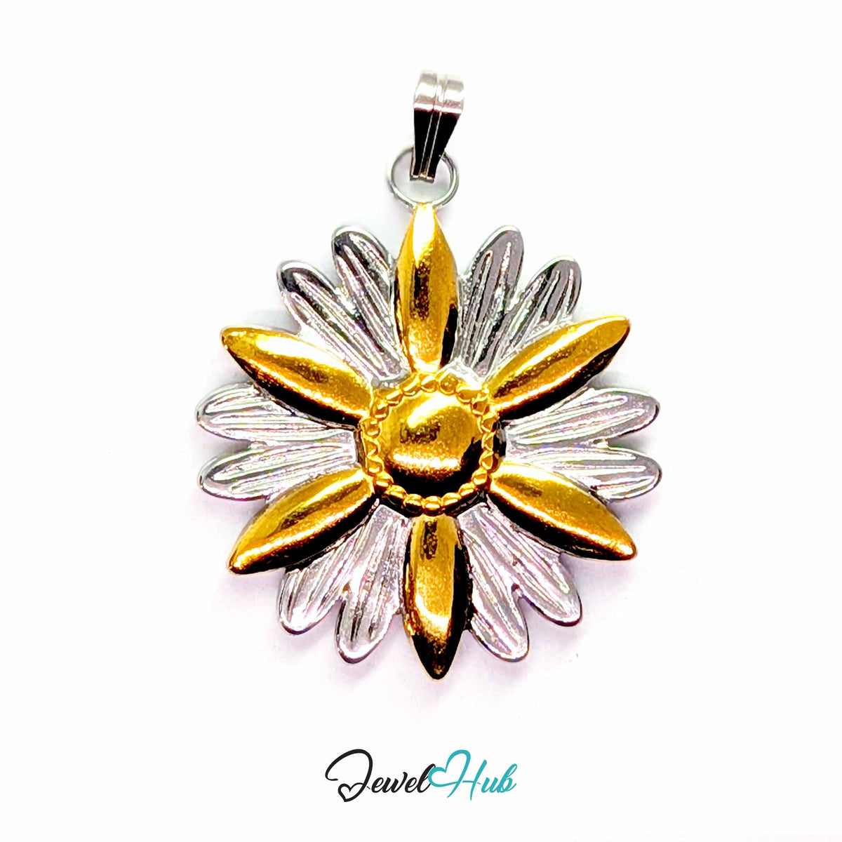 Daisy Flower pendant in DuoTone stainless steel - front view - JewelHub