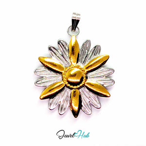 Daisy Flower pendant in DuoTone stainless steel - front view - JewelHub