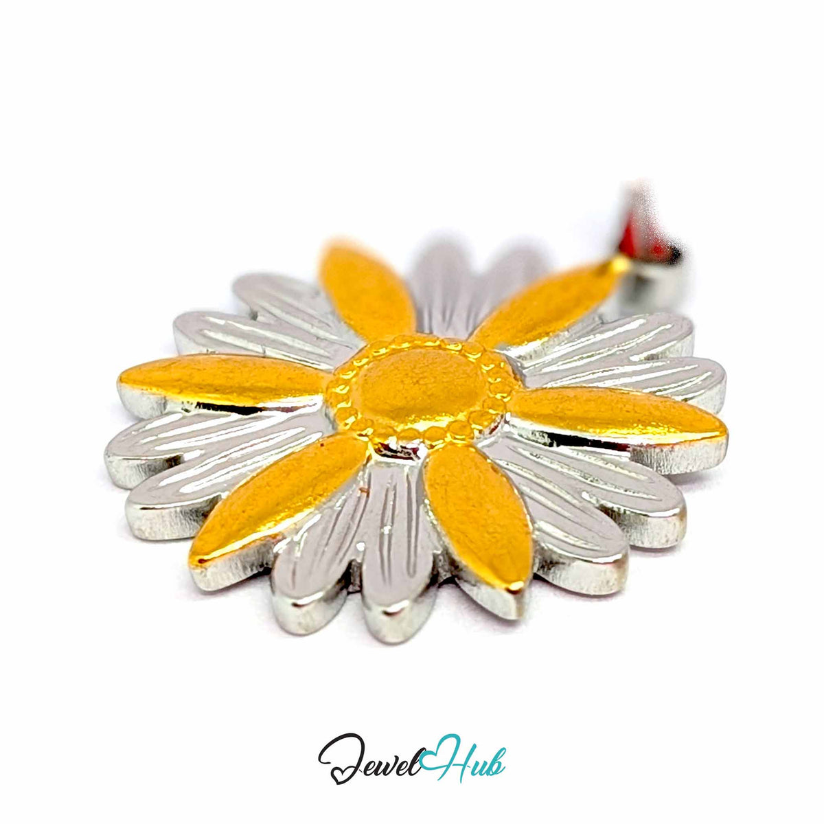 Daisy Flower pendant in DuoTone stainless steel - close-up detail - JewelHub