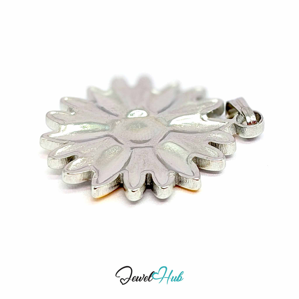 Daisy Flower pendant in DuoTone stainless steel - angled close-up - JewelHub