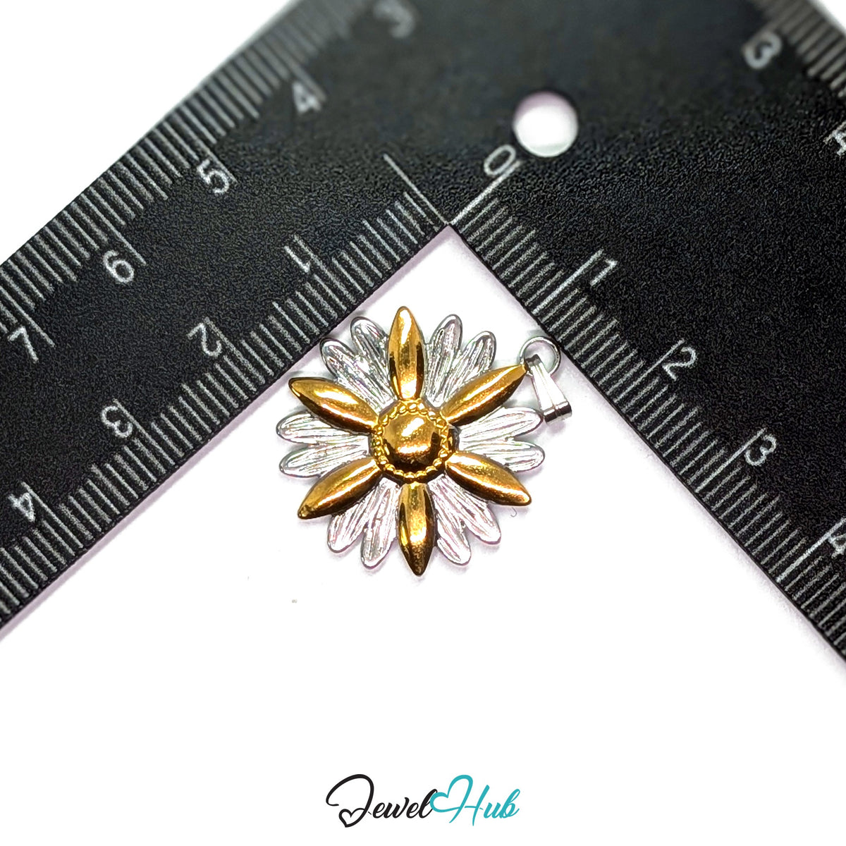 Daisy Flower pendant in DuoTone stainless steel - measurement with ruler - JewelHub