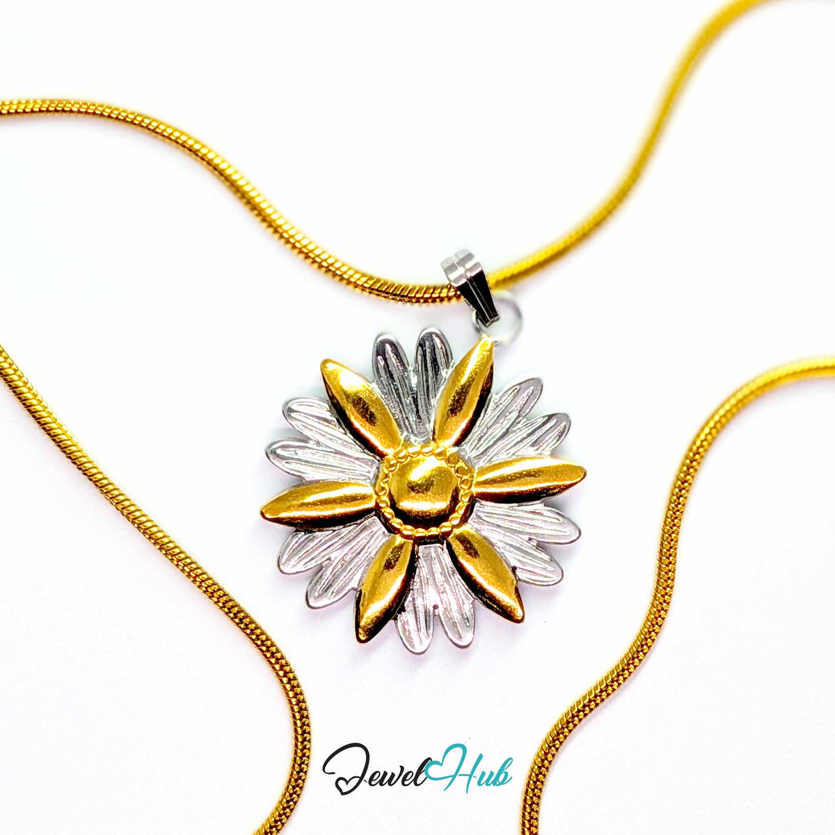 Daisy Flower pendant in DuoTone stainless steel - on a gold-tone stainless steel chain - JewelHub