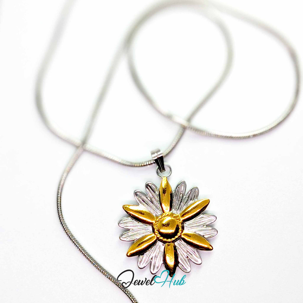 Daisy Flower pendant in DuoTone stainless steel - on a silver-tone stainless steel chain - JewelHub