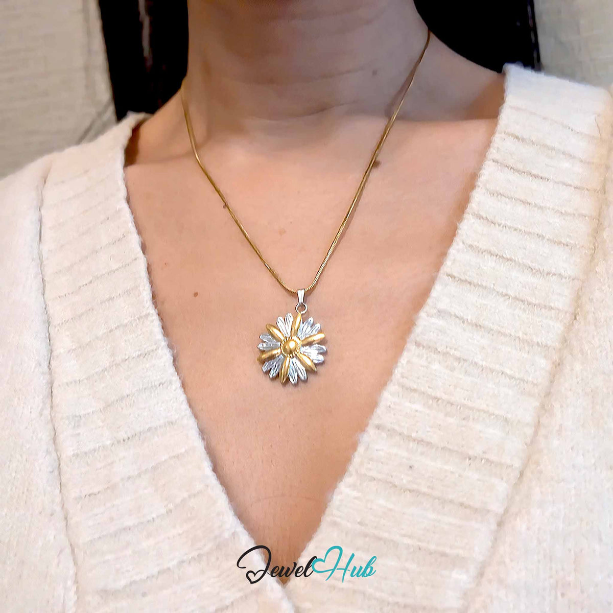 Daisy Flower pendant in DuoTone stainless steel - worn on the neck - JewelHub