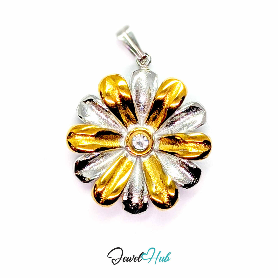 Crystal Daisy pendant in DuoTone stainless steel - front view - JewelHub