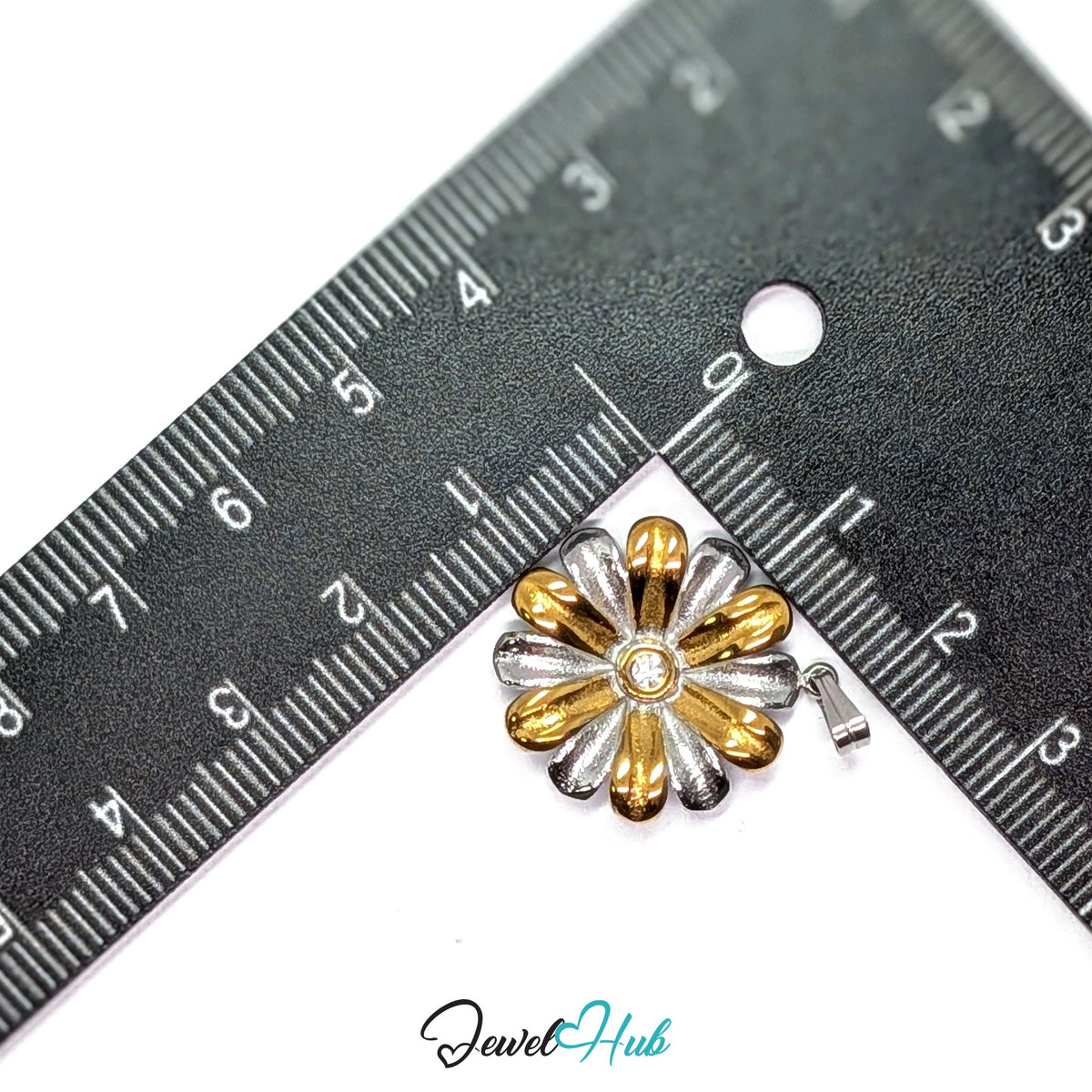 Crystal Daisy pendant in DuoTone stainless steel - measurement with ruler - JewelHub